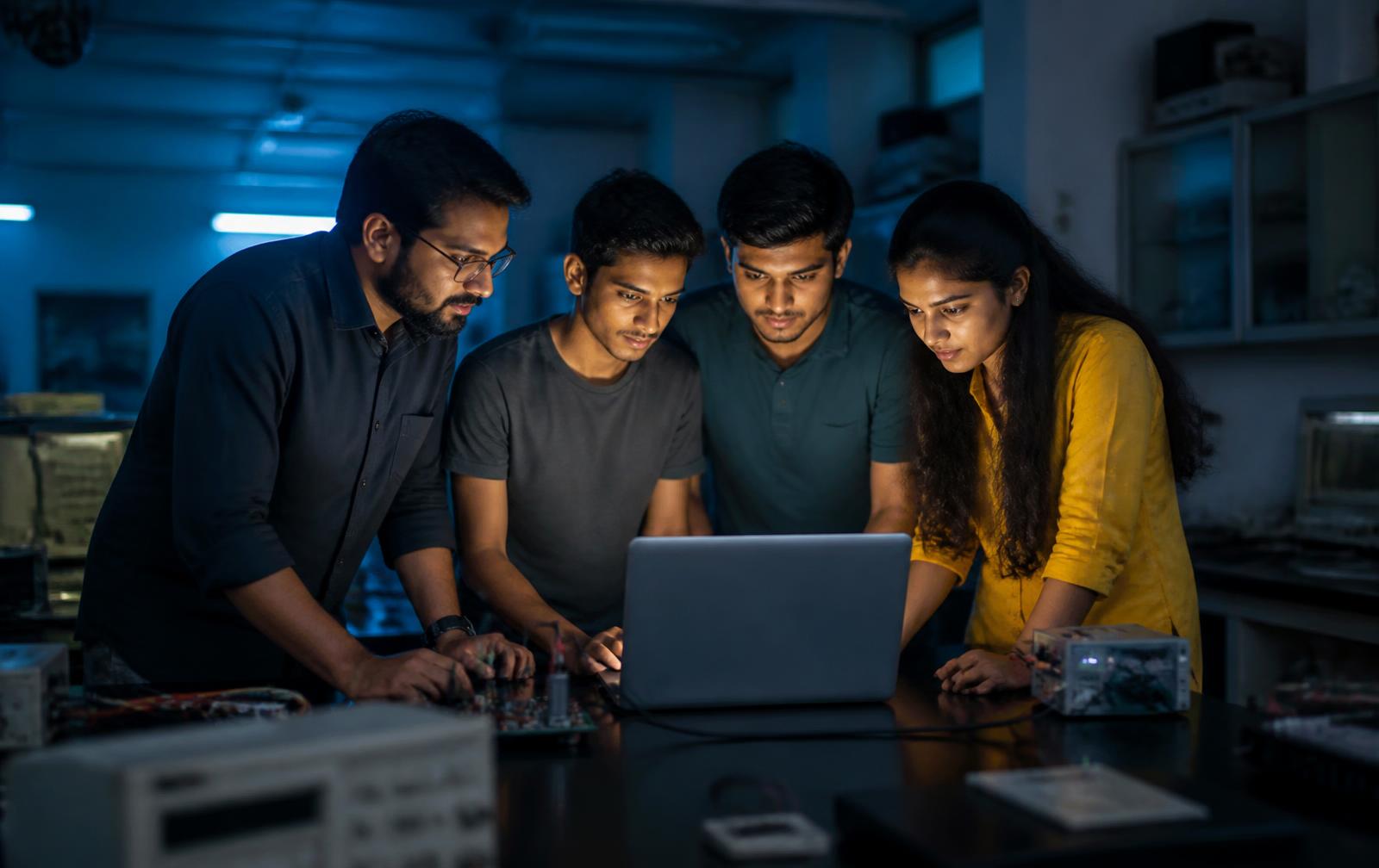 Engineers and students working together on a project